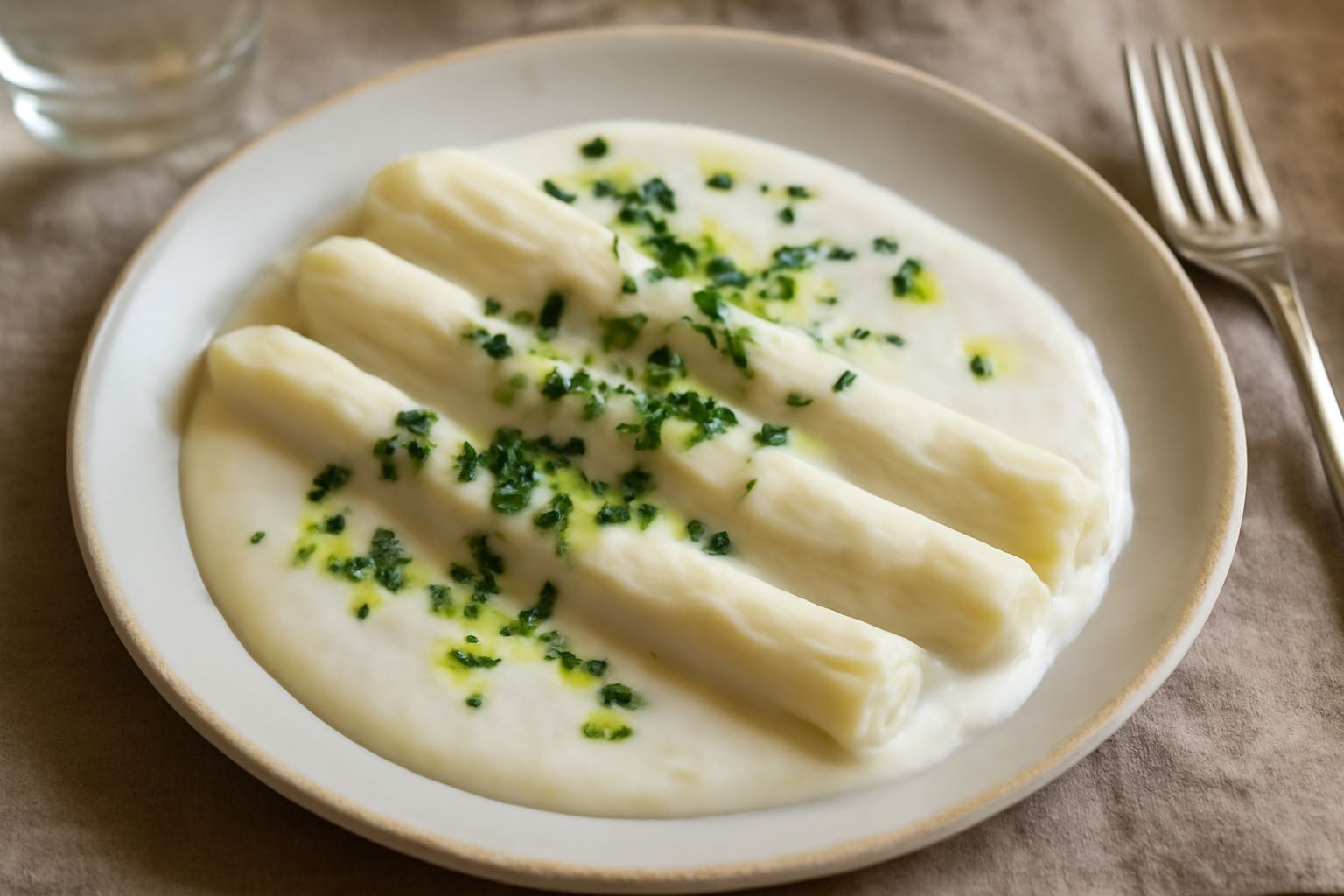 Quattro porri bianchi cotti, distesi nel piatto con salsa cremosa di colore bianco sporco, cosparsi di prezzemolo verde scuro, con una leggera brillantezza dalla salsa.