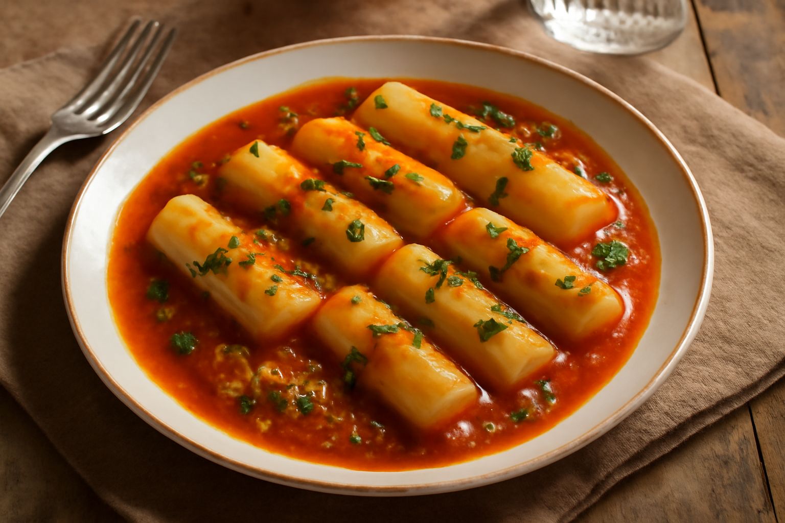 Porri affettati in umido su un piatto bianco, circondati da salsa di pomodoro rosso brillante, con olio d'oliva lucido sulla superficie e prezzemolo verde fresco tritato