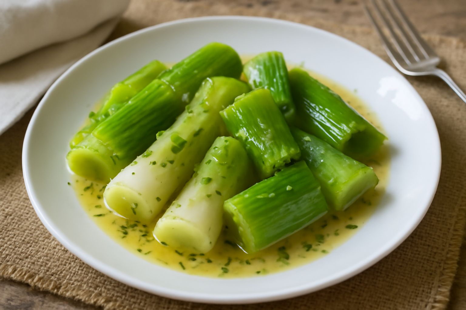 Porri cotti tagliati a tocchi disposti su piatto bianco, ricoperti di vinaigrette trasparente con goccioline di olio, prezzemolo fresco e grani di senape visibili in superficie