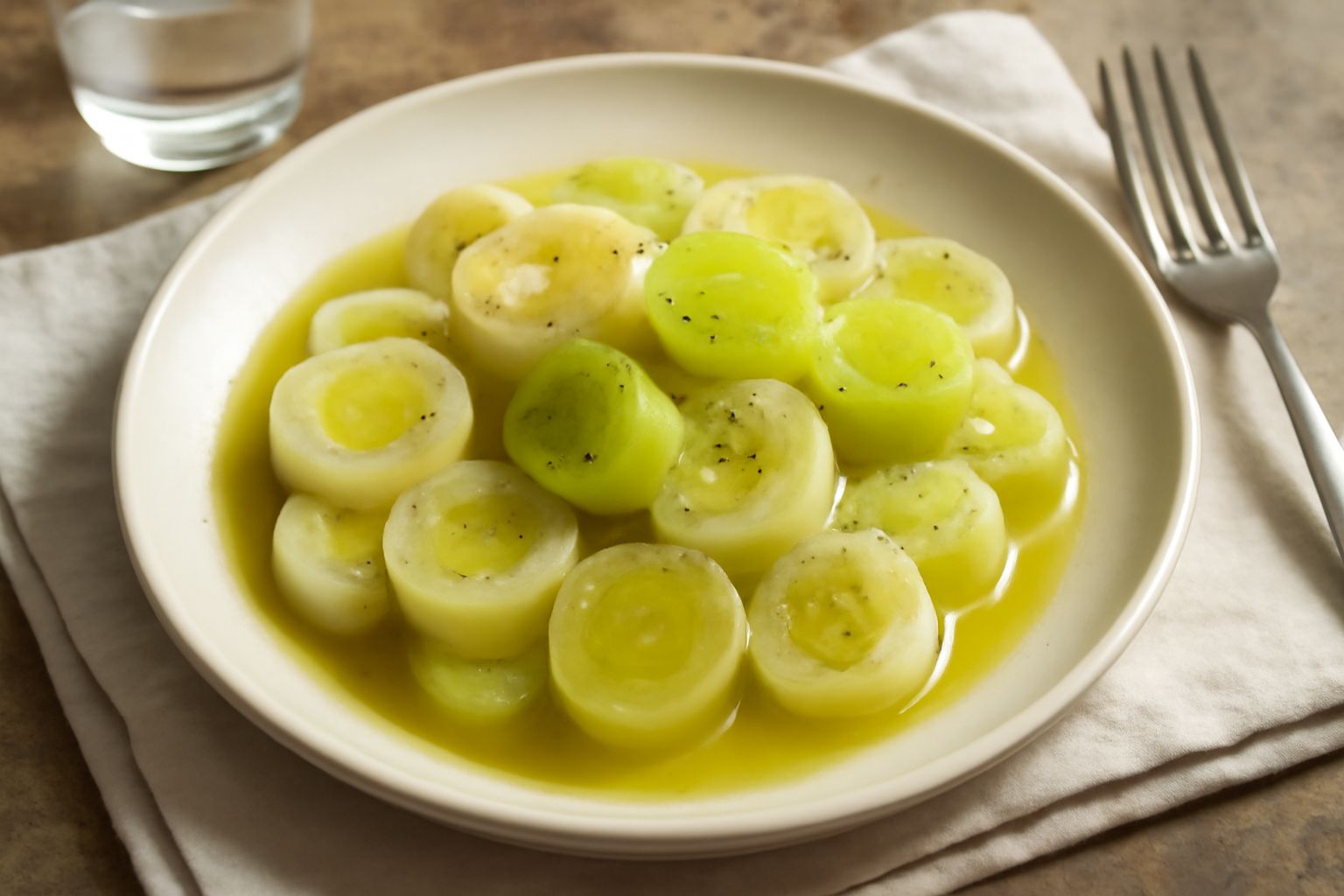 Porri lessati tagliati a rondelle disposte in un piatto bianco, bianchi e verdi, ricoperti con olio di oliva e una spruzzata di pepe nero, con fette di limone accanto