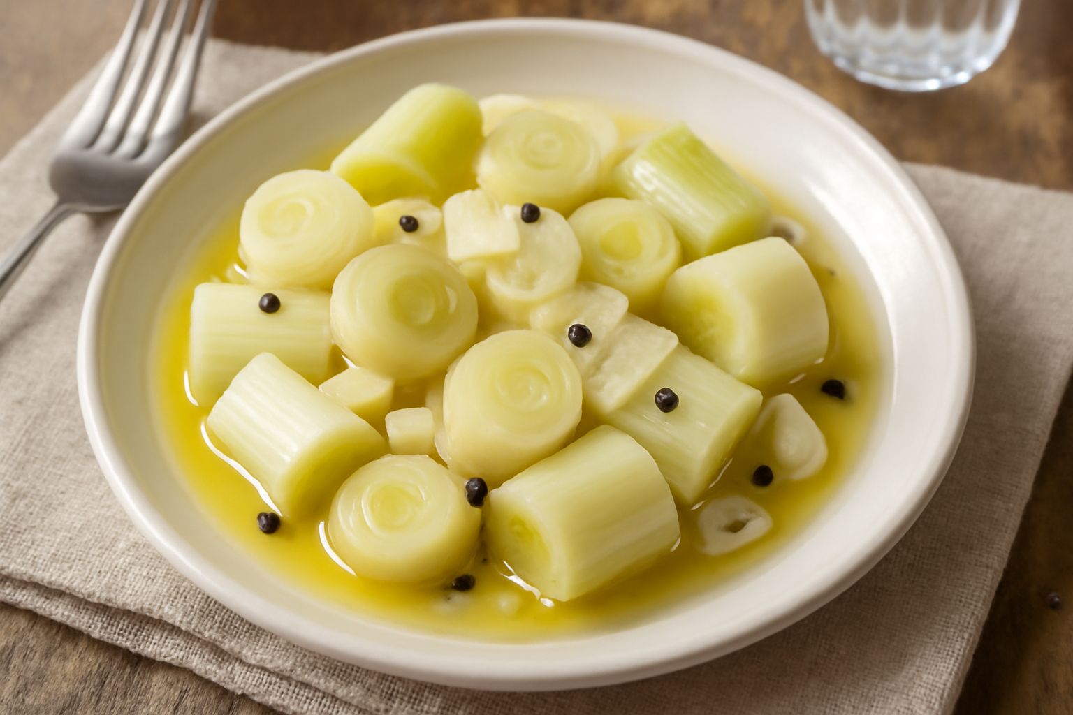 Barattolo di vetro con porri bianco-verdastri sott'olio trasparente, fette visibili alternate a spezie, con buccia di limone e aglio, su sfondo bianco