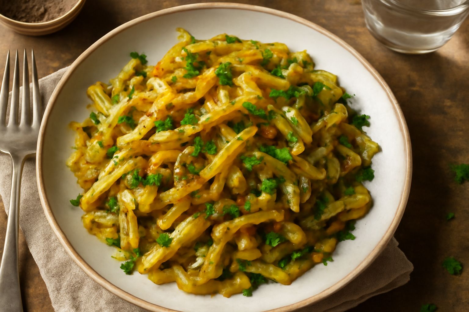 Porri trifolati dorati in una ciotola bianca, fettine trasparenti che brillano di olio, prezzemolo verde e aglio visibile, su fondo di cucina naturale