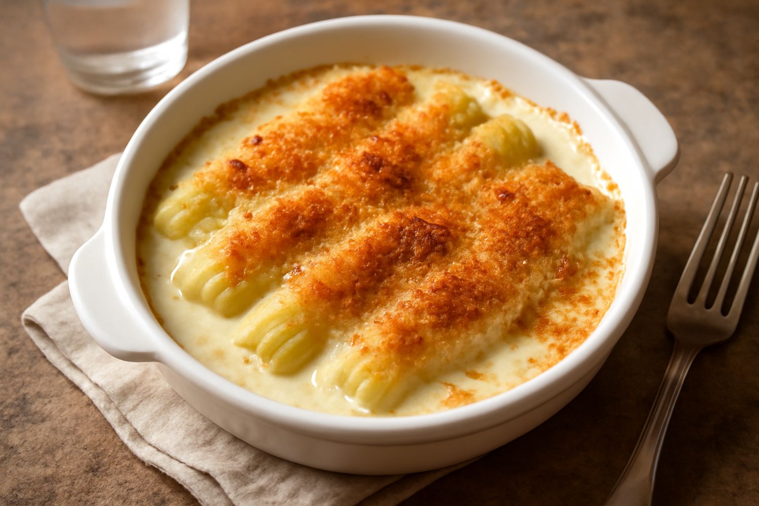 Porri gratinati in pirofila bianca, con crosticina dorata di parmigiano e pangrattato, vapor che sale, contorno di prezzemolo fresco