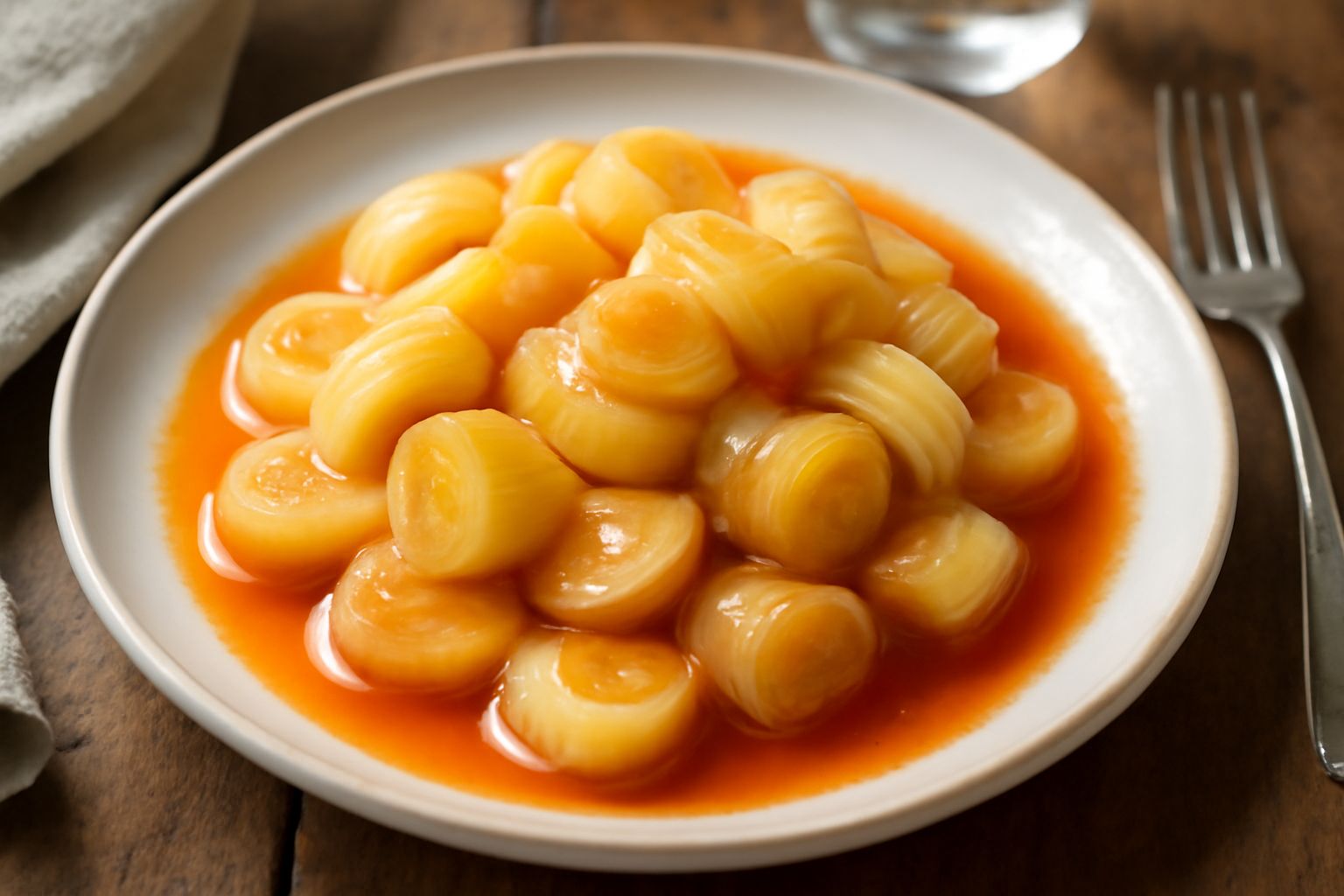 Piatto con porro in umido tagliato a rondelle, morbido e traslucido, immerso in salsa di pomodoro limpida, decorato con prezzemolo fresco tritato, su fondo bianco
