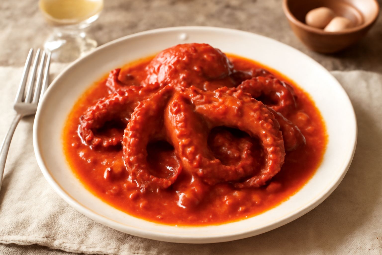 Polpo intero cotto in pignata di terracotta, di colore rosso scuro da salsa di pomodoro, circondato da pezzi di polpo teneri, aglio e prezzemolo fresco verde, servito in pentola di coccio su fondo scu