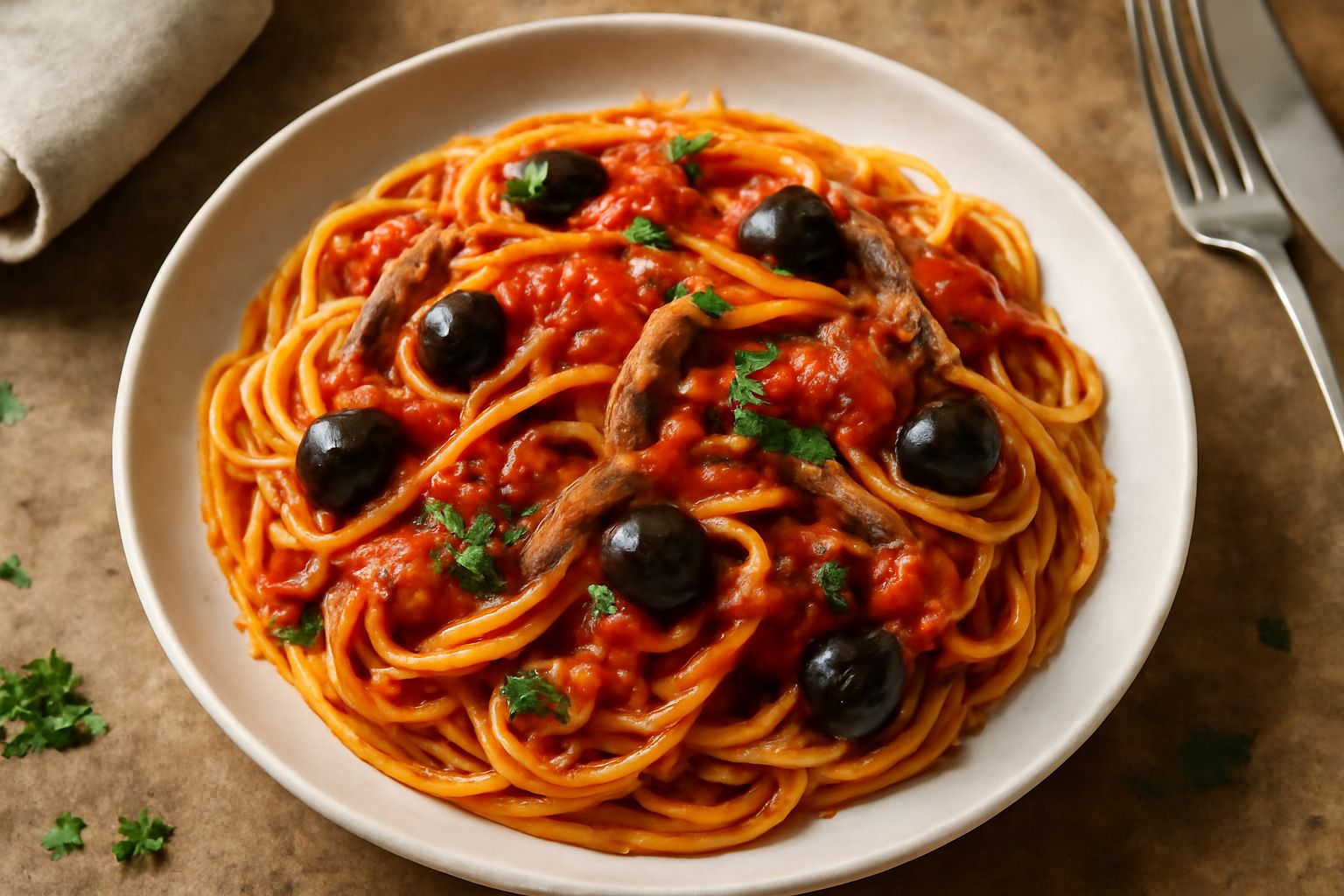 Piatto di pasta alla puttanesca con spaghetti rivestiti di salsa rossa densa, olive nere intere, acciughe grigie visibili, pomodori morbidi, su piatto bianco con prezzemolo fresco verde.