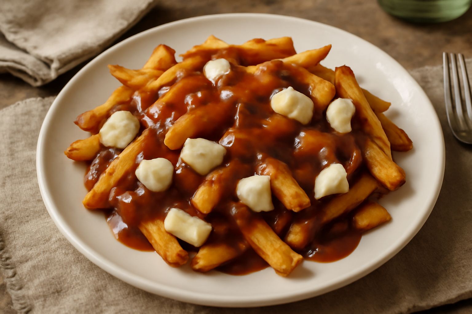 Poutine servita in un contenitore bianco, con patate fritte croccanti color oro, formaggio a cagliata bianco visibile tra le patate, sugo marrone caldo versato sopra, fumo leggero che sale dal piatto