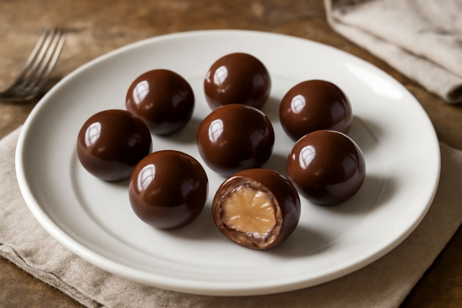 Praline di cioccolato marrone scuro e lucido, sfere perfettamente rotonde, disposte su carta bianca, alcune decorate con nocciola tritata, riflessi luminosi sulla superficie