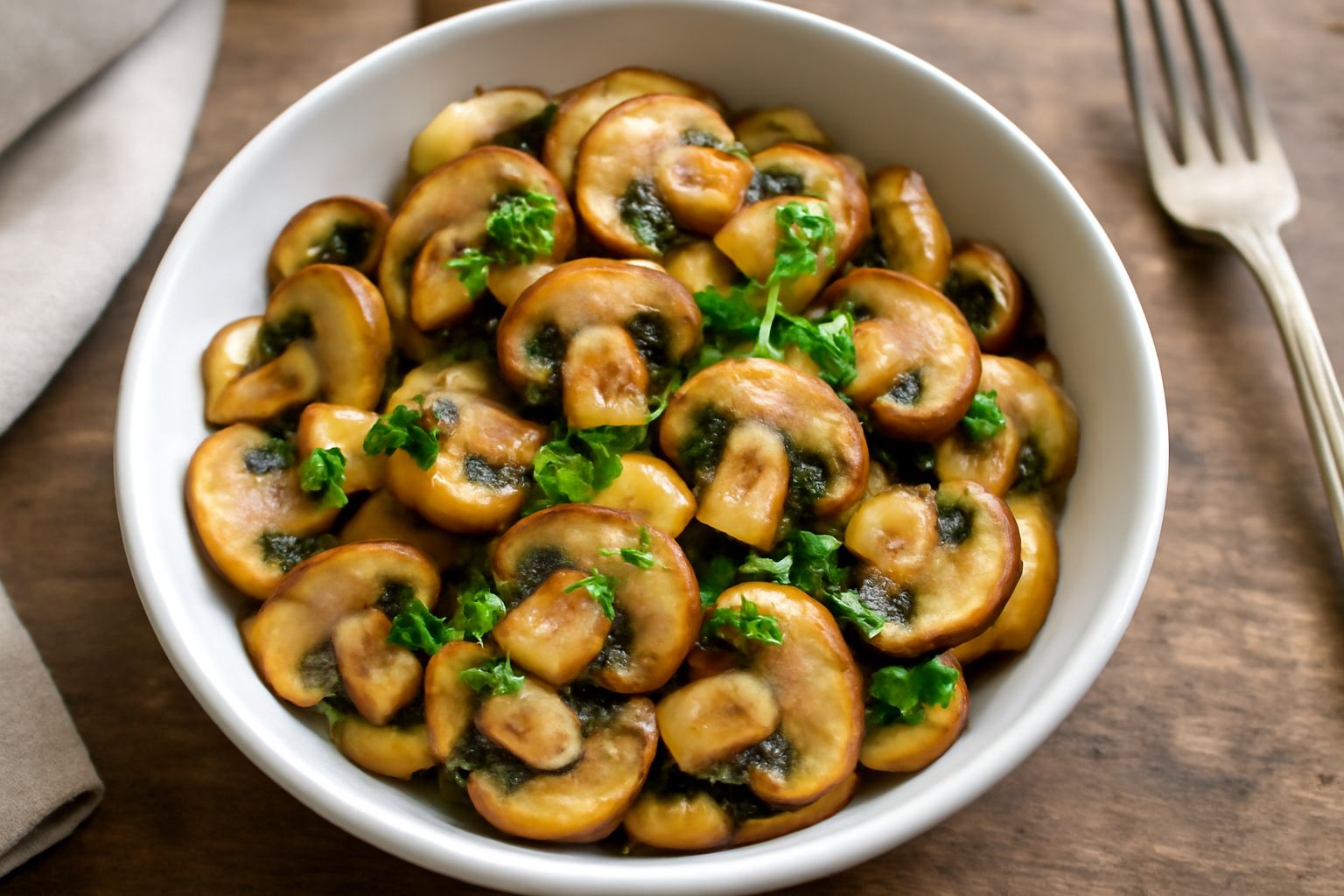 Prataioli trifolati in una ciotola bianca, funghi dorati e teneri con prezzemolo verde sparso in superficie, vapore leggero, fondo in legno scuro