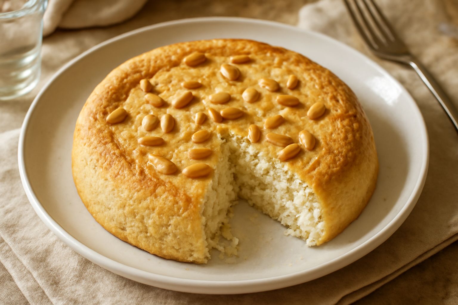 Prescinseua ligure intera in teglia, colore beige dorato, superficie leggermente gonfia, pinoli sparsi in evidenza, fetta servita nel piatto bianco con ricotta visibile