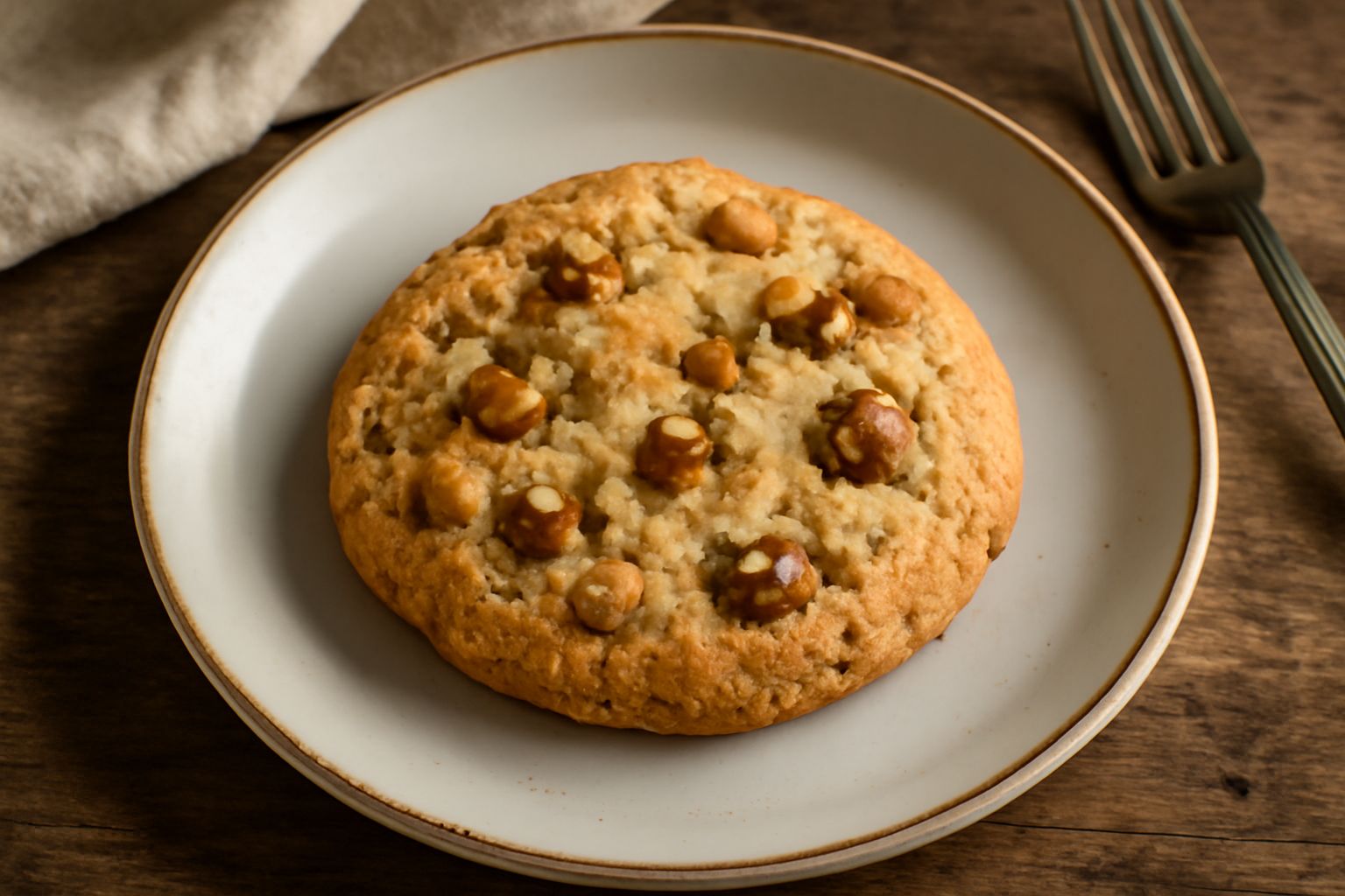 Biscotti prescinseua color sabbia con frammenti di noci visibili, disposti su un piatto di ceramica bianca, con una morbida consistenza friabile e bordi irregolari