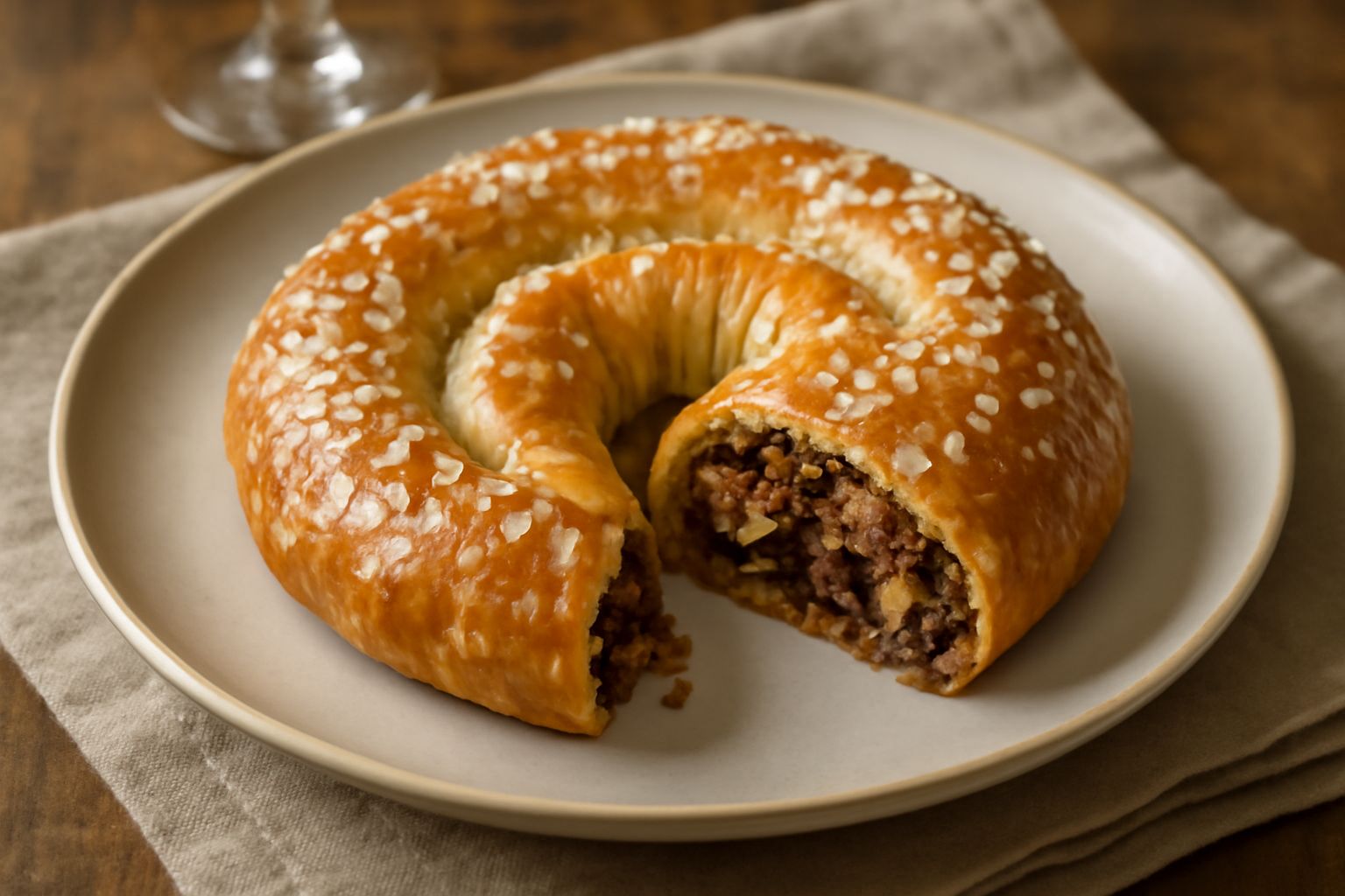 Presnitz intero a forma di spirale dorato, coperto di glassa trasparente e granella di zucchero, tagliato per mostrare il ripieno di frutta secca scura, mandorle e uvetta, su piatto bianco