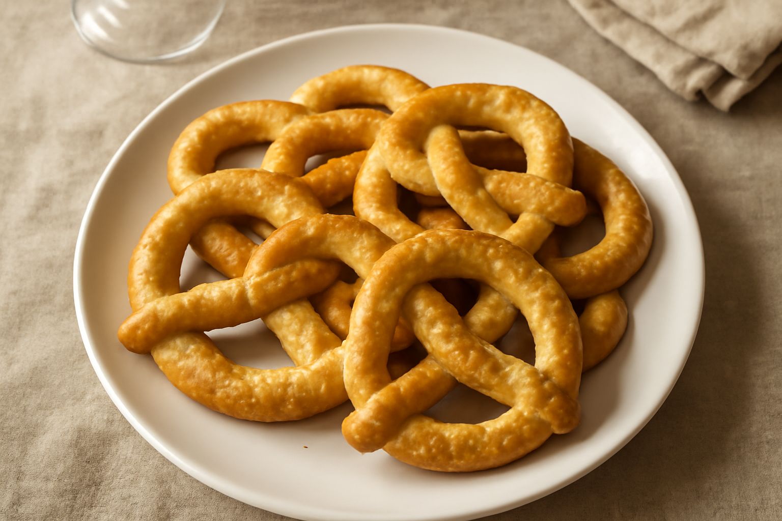 Una manciata di pretzels sardi color oro dorato disposti su un piatto bianco, dal caratteristico intrecciatura a nodo, con salatura grossolana visibile in superficie e alcune briciole attorno
