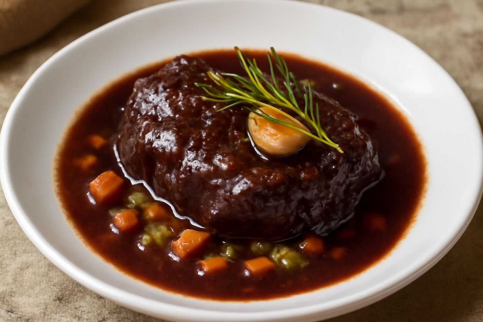 Brasato di manzo in salsa scura dentro una pentola di ghisa, guarnito con rosmarino fresco e aglio, circondato da calici di vino rosso Primitivo e verdure tagliate a pezzi