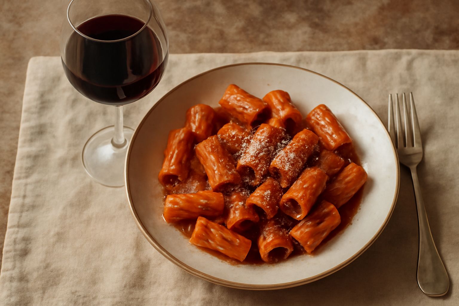 Calice di vino Primitivo di Manduria rosso scuro servito a tavola accanto a un piatto di orecchiette con ragù, con sfondo di campagna pugliese al tramonto