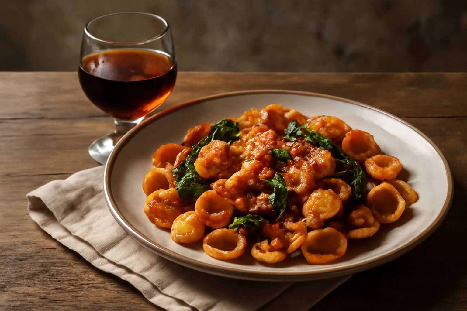 Bicchiere di Primitivo Dolce ambrato con sfumature dorate, affiancato da fichi secchi, mandorle e una fetta di formaggio stagionato su tavolo di legno chiaro