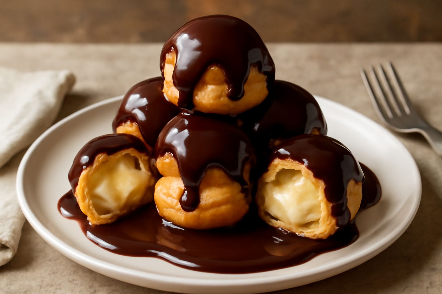 Profiterole impilate su un piatto bianco, sferette dorate e croccanti ricoperte di cioccolato scuro lucido, con gocce di cioccolato fuso che colano sui lati