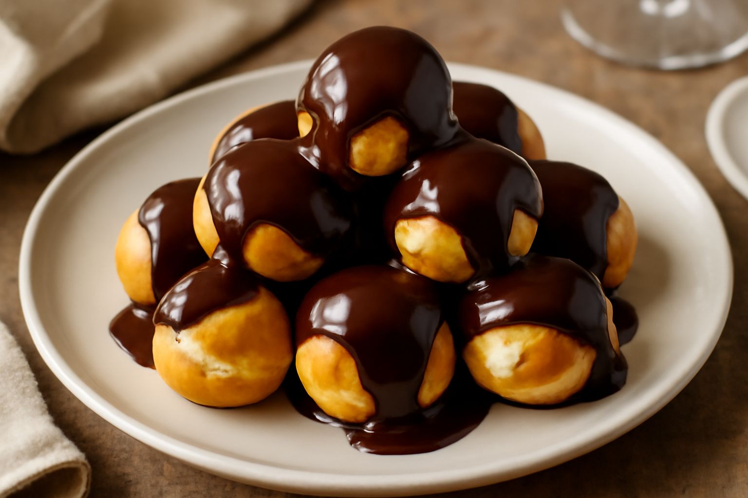 Profiteroles impilati a piramide su piatto bianco, bignè dorati e brillanti ricoperti di cioccolato scuro, crema gialla visibile nella frattura di uno di essi, gocce di cioccolato fuso intorno alla ba