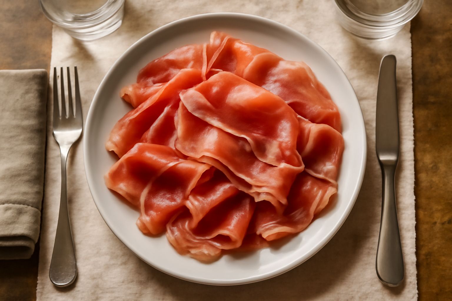 Prosciutto crudo affettato sottile disposto a ventaglio su piatto bianco, fette rosa pallido traslucide con venature di grasso bianco, contorno di melone giallo e rucola verde