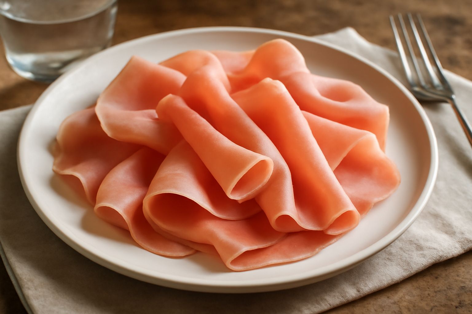 Fette sottili di prosciutto del Veneto rosa pallido arrotolate su un piatto bianco con forma ondulata, contorno di melone giallo e foglie di menta fresca