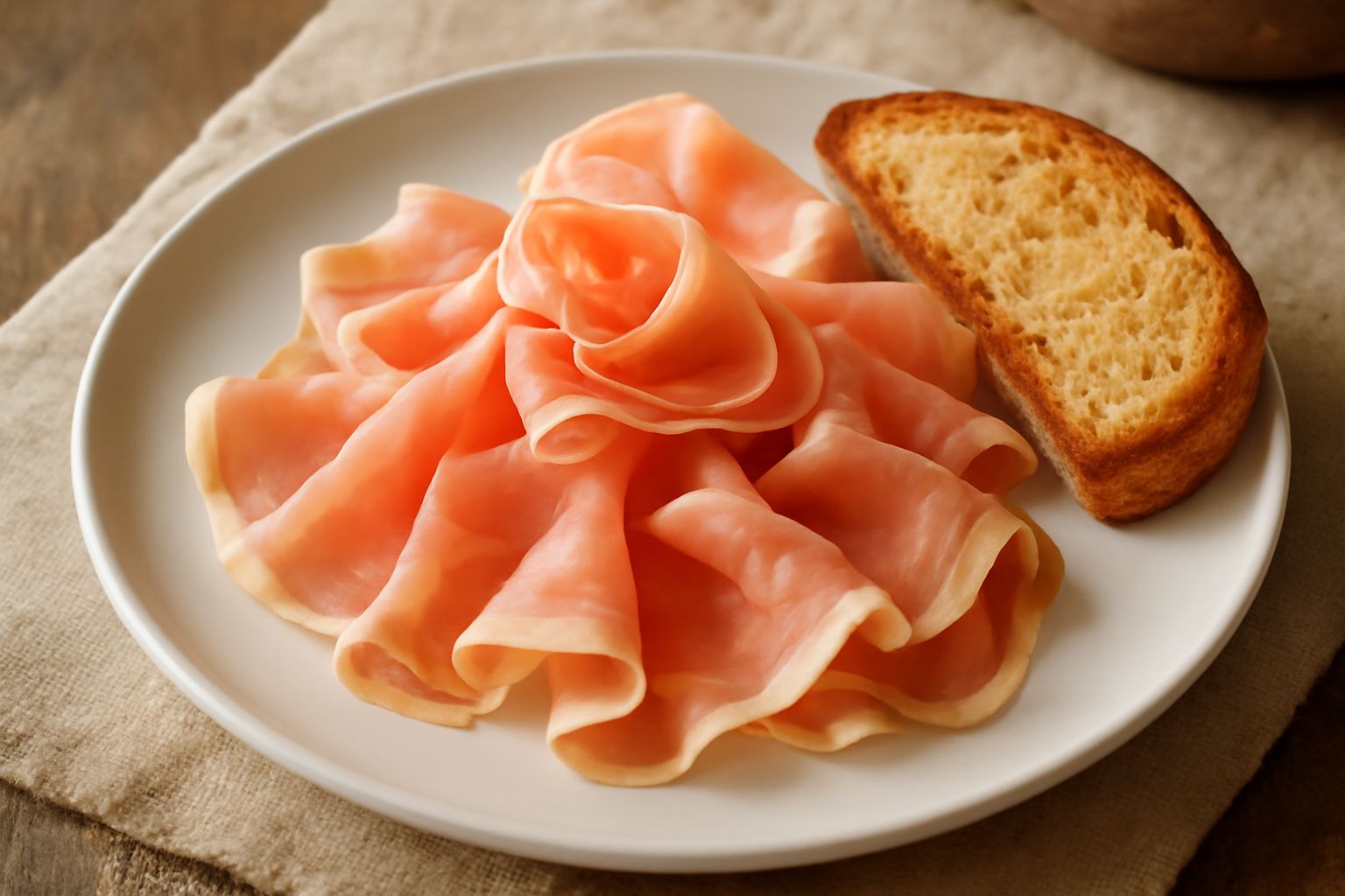 Fette sottilissime di Prosciutto di Carpegna di colore rosa pallido stese su piatto bianco, con pane tostato scuro e gocce di olio extravergine, servito a temperatura ambiente