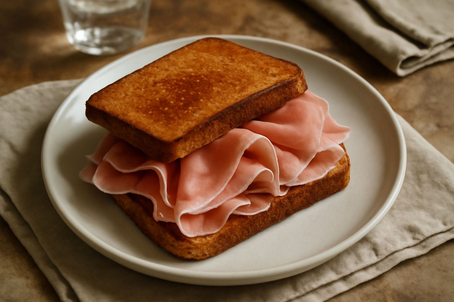 Panino appena tagliato in diagonale con prosciutto rosato ben visibile tra due fette di pane scuro e croccante, su un piatto bianco con un vasetto di mostarda di Modena ai lati