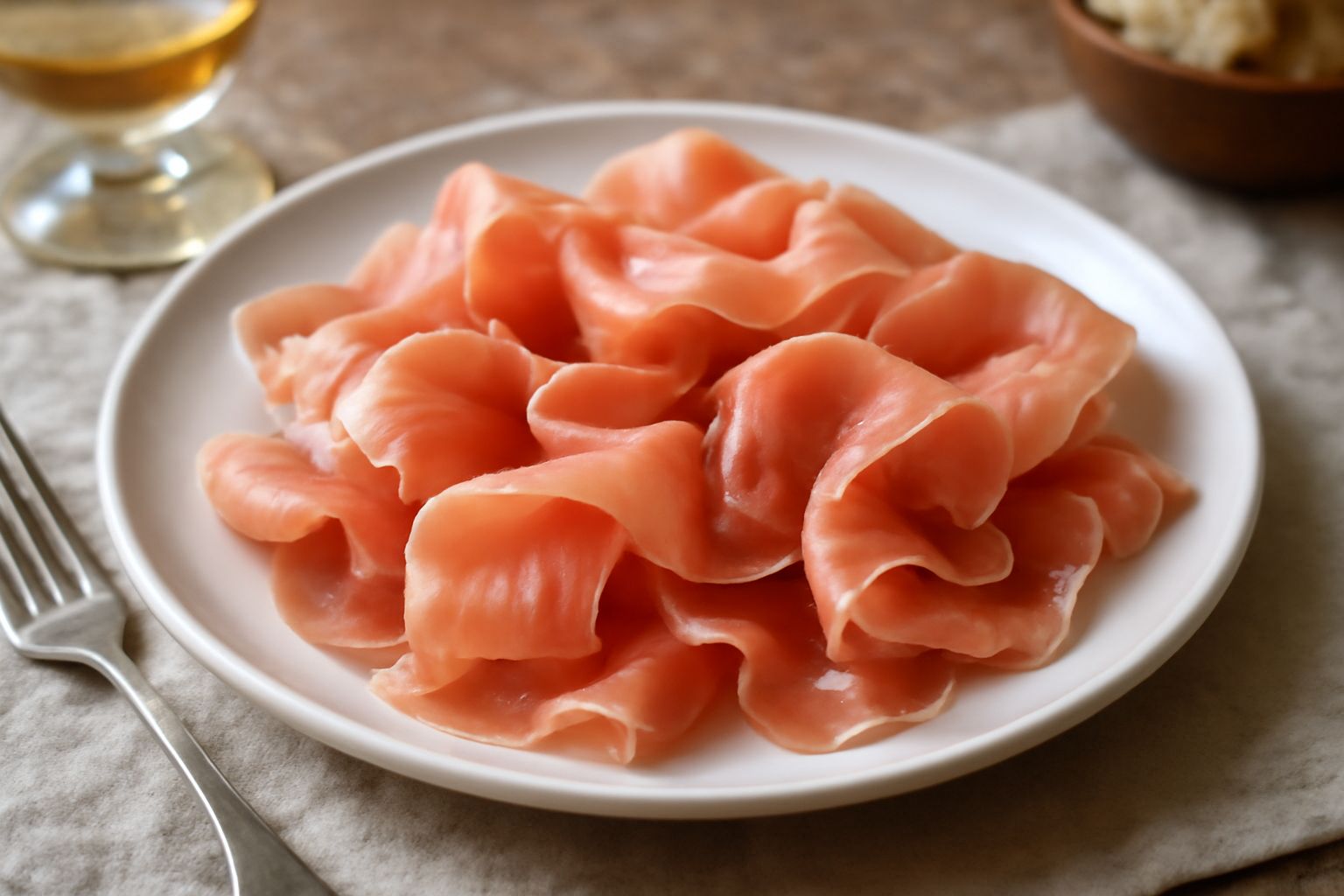 Fette sottili di prosciutto di Parma rosa pallido e panna, arrotolate leggermente su un piatto bianco, con accanto melone fresco a spicchi, tavolo in legno chiaro