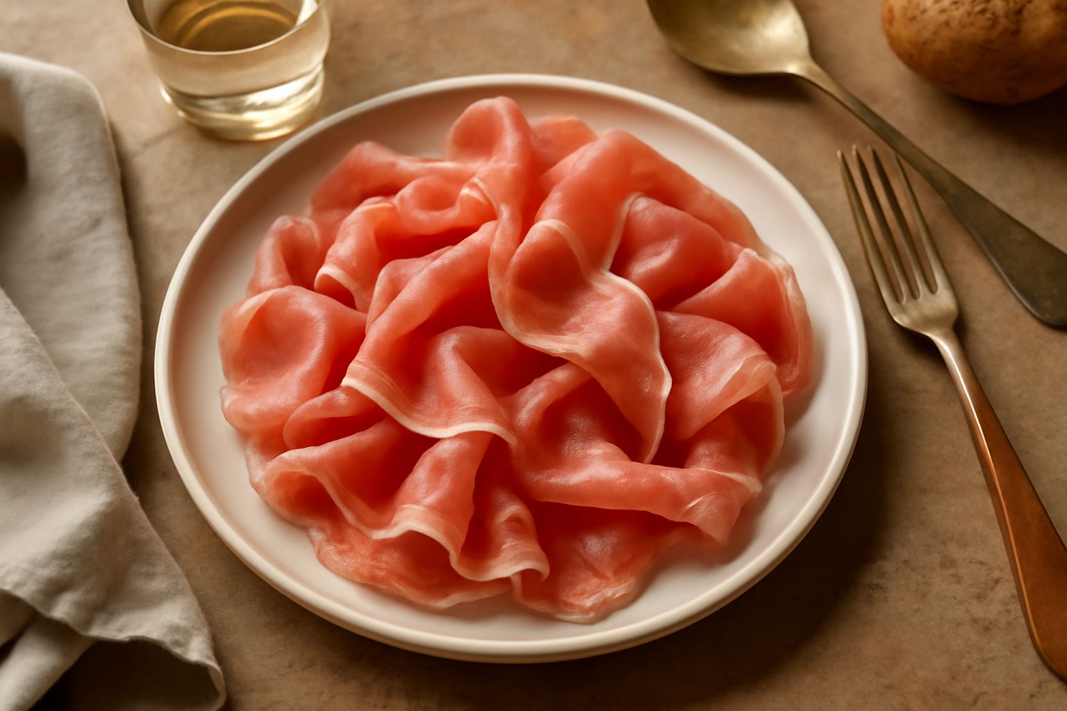 Fette trasparenti di prosciutto di Parma rosa pallido disposte a ventaglio su un piatto bianco, con un coltello da affettatura accanto