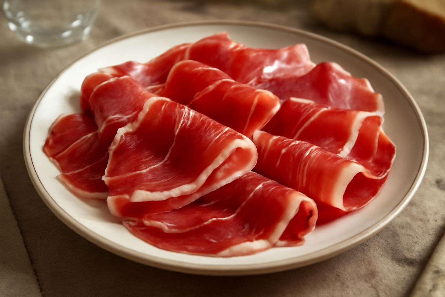 Fette sottili di prosciutto di San Daniele di colore rosso scuro quasi traslucido, piegate dolcemente su un piatto bianco, circondate da melone a fette o pane tostato, su una tavola di legno chiaro co