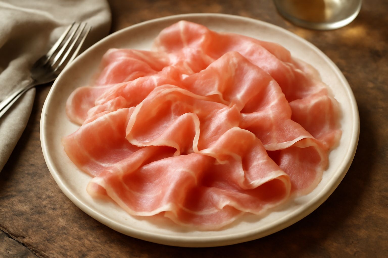 Fette sottili di prosciutto marchigiano di colore rosa pallido disposte su un piatto bianco, arrotolate, con contorno di melone giallo e foglie di basilico fresco