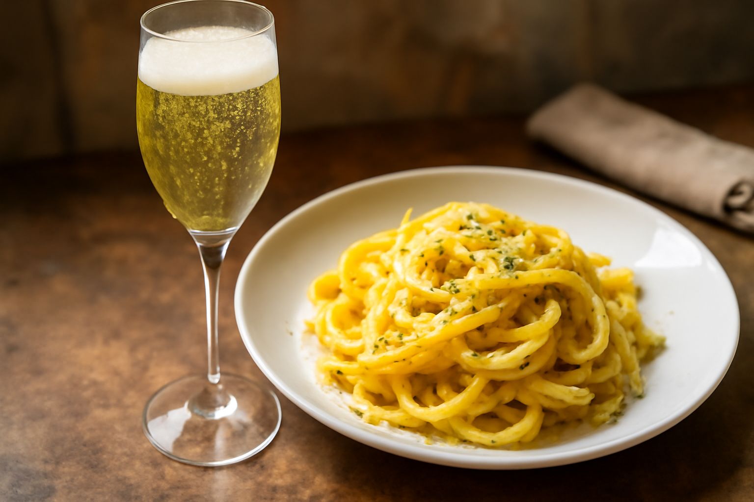 Flute di prosecco freddo con bollicine trasparenti e luminose, servito in bicchiere cristallino su tavolo bianco con sfondo sfocato di luci calde