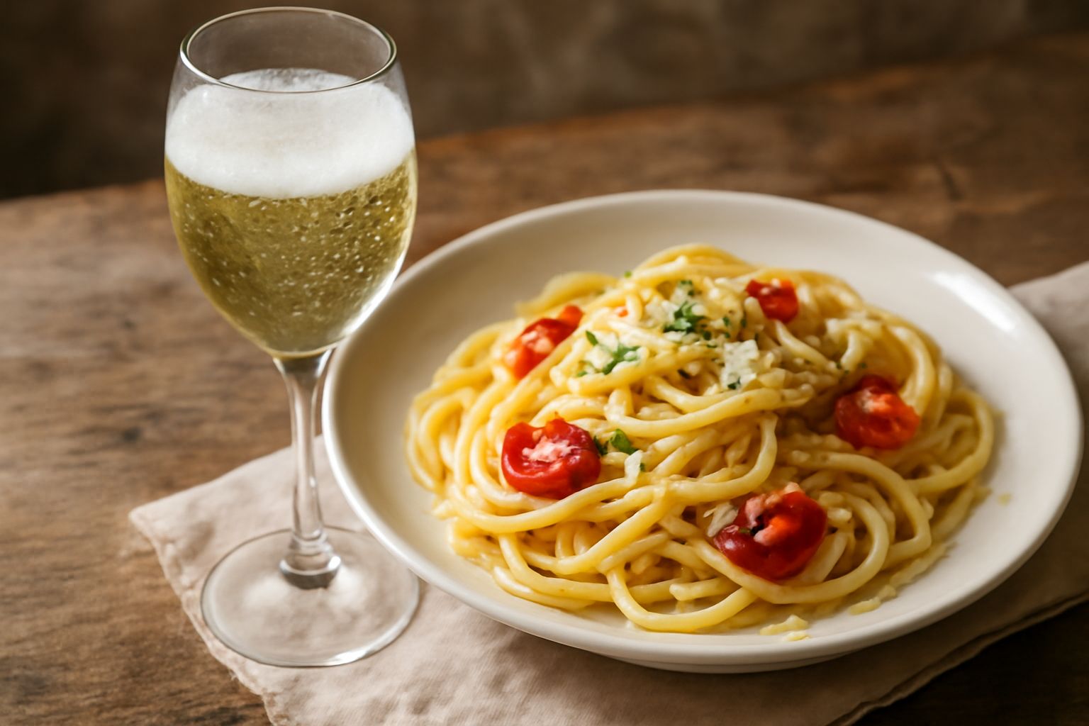 Tre calici di Prosecco di Conegliano frizzante color paglierino, con bollicine visibili, ghiaccio in un secchiello argento e una selezione di tartine con formaggi e prosciutto su fondo bianco