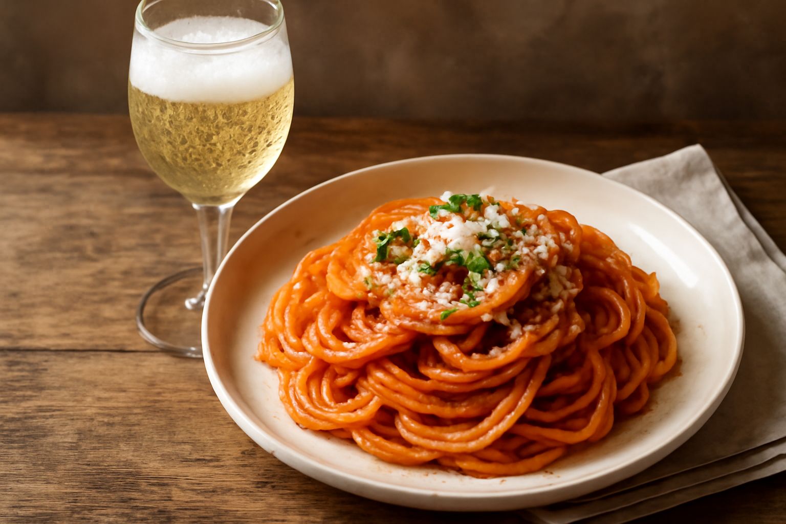 Calice di Prosecco di Valdobbiadene con bollicine fini che salgono verso l'alto, colore giallo paglierino, su fondo bianco con vista laterale della schiuma delicata