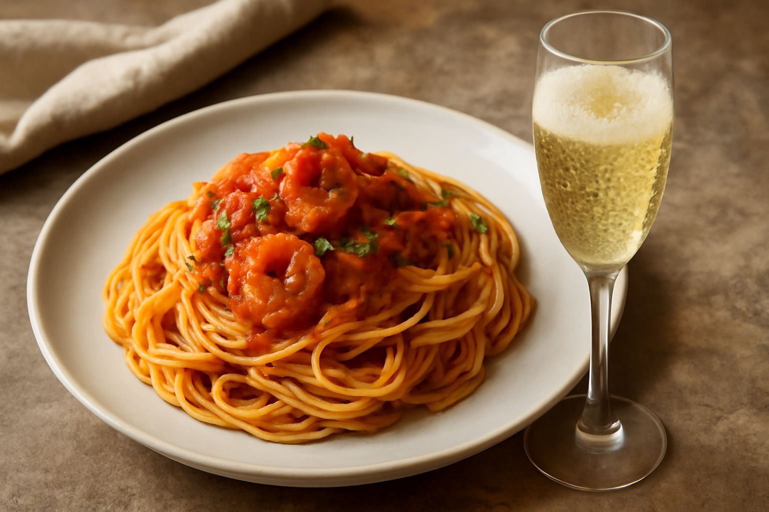 Flute di Prosecco Superiore con bollicine fini e crema persistente, versato da una bottiglia, su tavolo bianco con fragole fresche e grissini accanto
