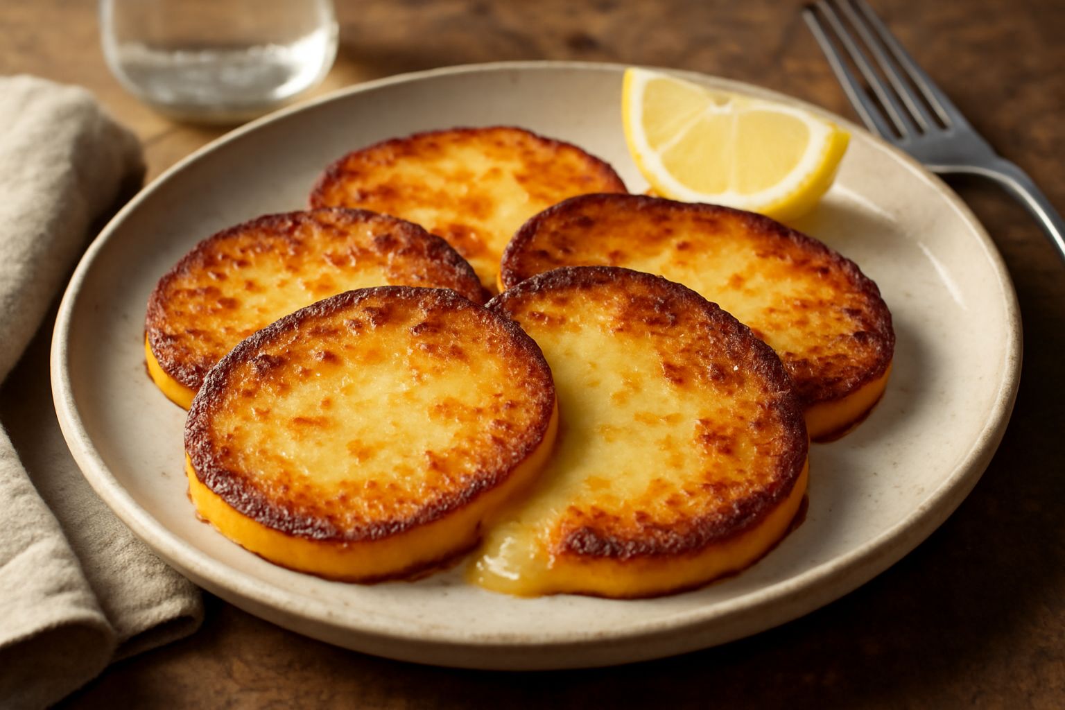 Fette di provola affumicata gratinate al forno, dorate e croccanti in superficie, ancora fumanti, servite su un piatto bianco con limone fresco a spicchi