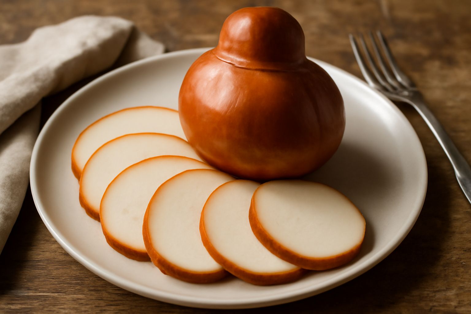 Provola intera di forma ovale con crosta marrone chiaro, posizionata su un tagliere di legno accanto a fette sottili di provola bianca e crema, contornata da pomodori rossi e olio d'oliva in una cioto