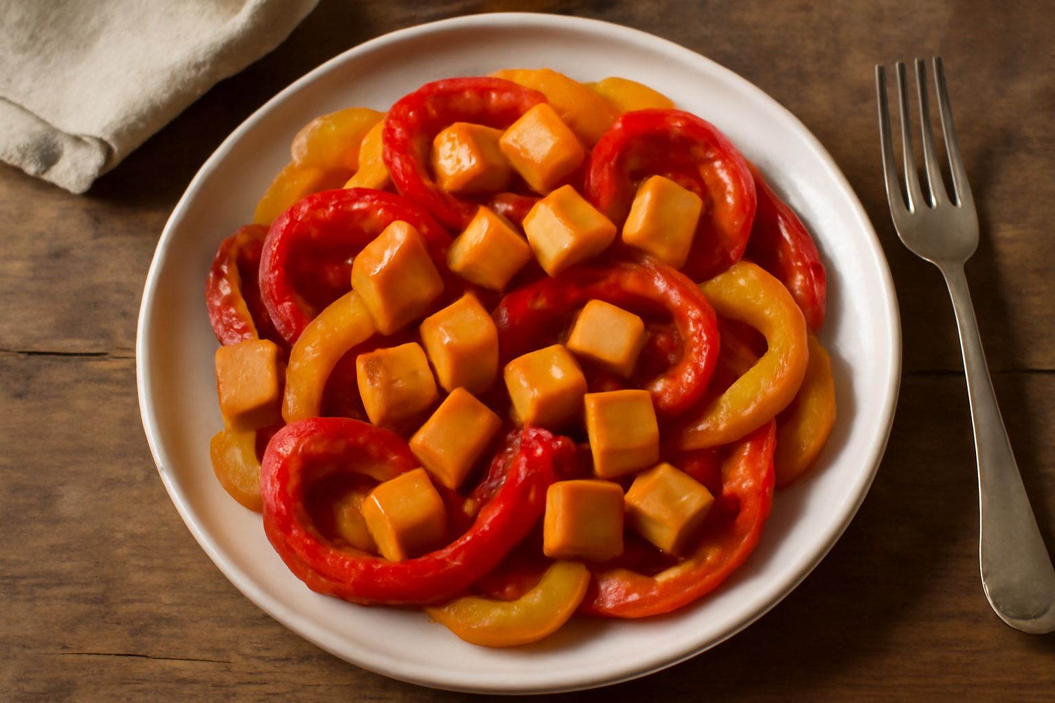 Peperoni rossi, gialli e arancioni arrosto su un piatto bianco, alternati con cubetti di provola affumicata leggermente dorata, conditi con olio e origano fresco