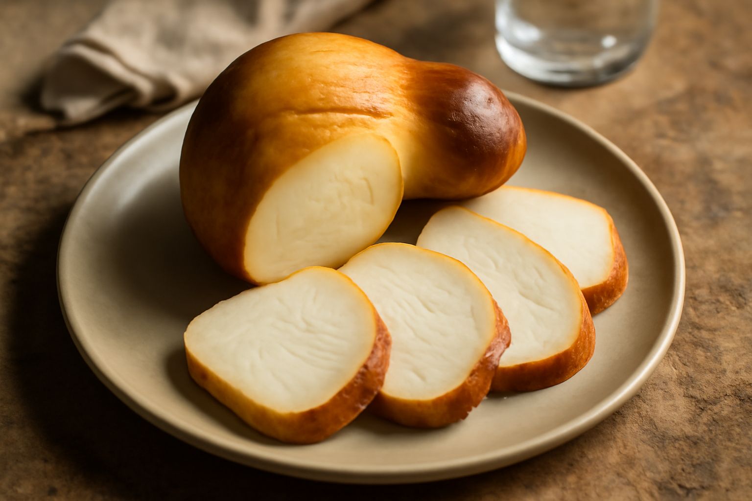Provolone del Monaco intero con la forma bulbosa tipica, buccia giallo-dorata, affettato in fette spesse su tagliere di legno, con acini d'uva e pane tostato attorno