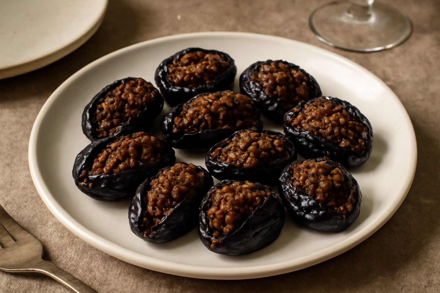 Prugne scure e lucide aperte, ripiene di pasta color marrone di noci e cioccolato, disposte su piatto bianco con qualche granello di cacao in polvere