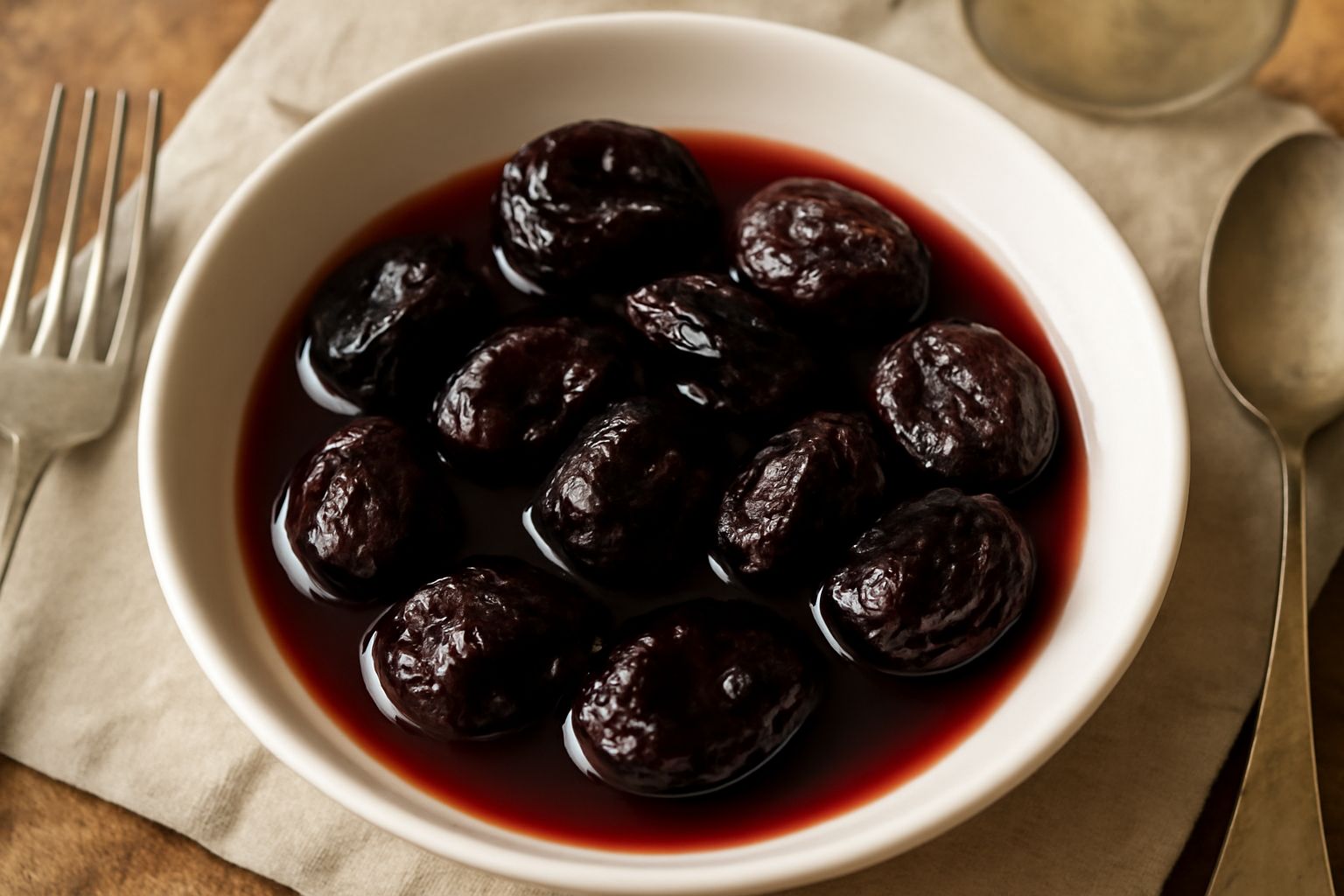 Prugne secche scure e lucide in una ciotola bianca con fondo di vino rosso scuro e qualche bastoncino di cannella visibile accanto