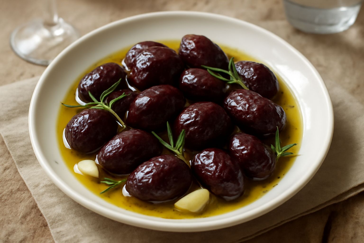 Vasetto di vetro con prugne scure intere immerse in olio trasparente, con visibili rametti di rosmarino e aglio affettato, sfondo bianco e luce naturale