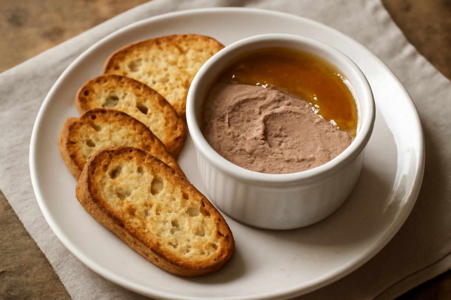 Pâté di fegato d'oca marrone scuro e cremoso servito in una ciotola bianca, con accanto fette di pane tostato e una piccola spatola in legno
