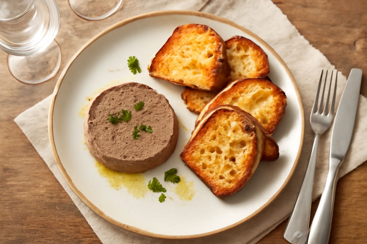 Pâté di fegatini color marrone scuro, cremoso, disposto in una ciotola bianca con crostini tostati a lato, decorato con un filo di olio e foglie di prezzemolo fresco