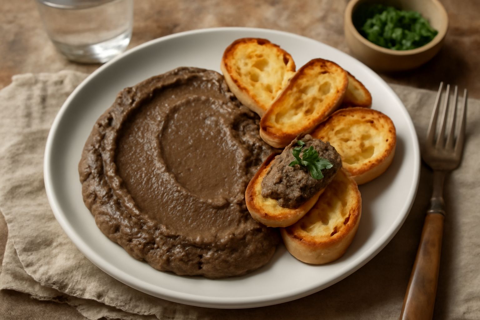 Pâté di fegato cremoso di colore marrone chiaro, sparso su pane tostato, decorato con una foglia di timo fresco su piatto bianco