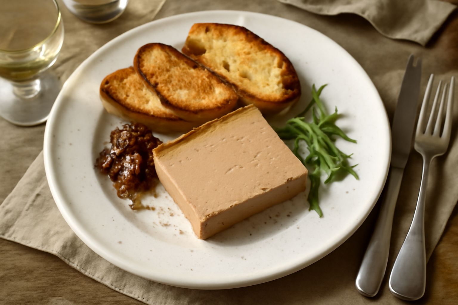 Pâté di fegato d'oca color marrone dorato, denso e cremoso, su piatto bianco con crostini tostati, decorato con rametto di prezzemolo