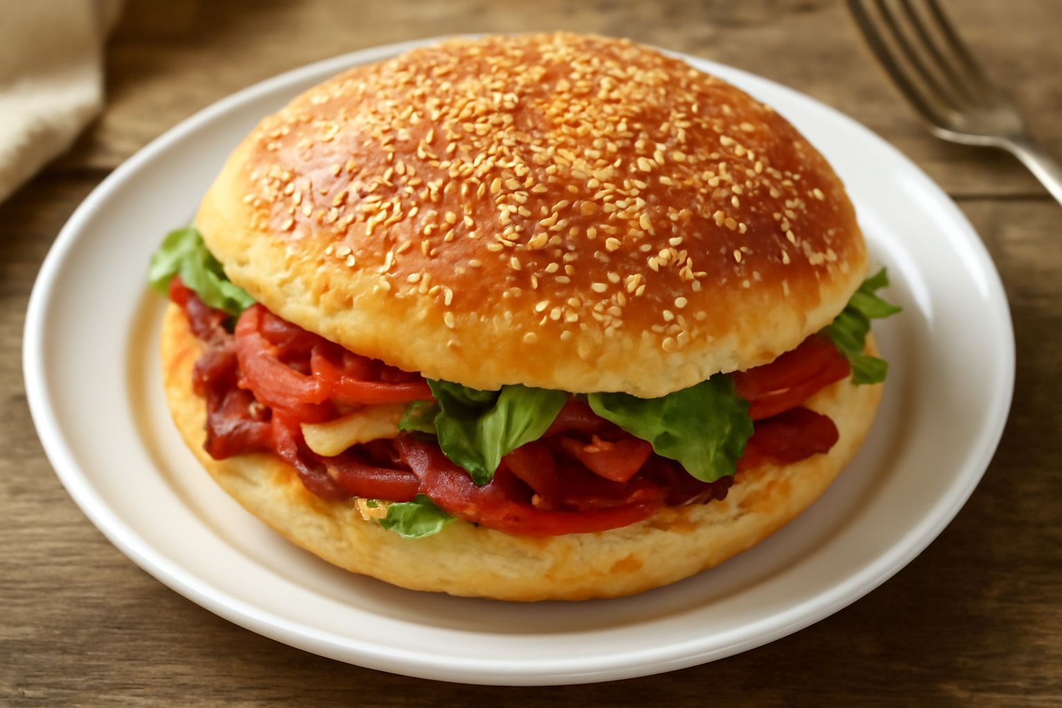 Puccia pugliese rotonda e schiacciata, dorata e croccante, cosparsa di semi di sesamo bianchi, appena sfornata e ancora fumante, poggiata su un piatto bianco