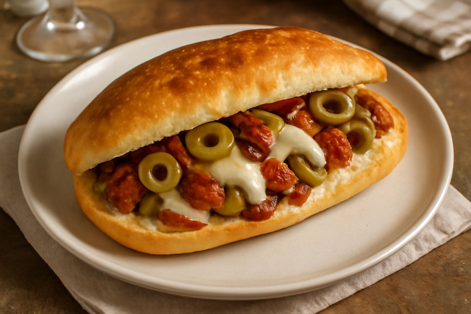 Puccia ascolana appena sfornata, sezione trasversale visibile che mostra impasto dorato e ripieno di olive scure, pomodori rossi e formaggio filante, posata su una tavola di legno con foglie di rosmar