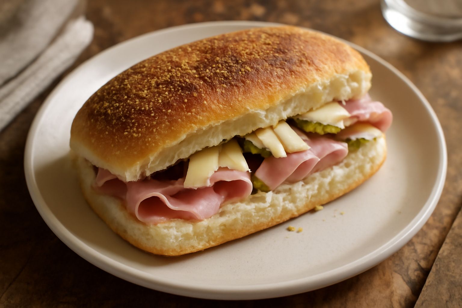 Puccia beneventana tagliata a metà su un piatto bianco, con ripieno di mortadella rosa, formaggio cremoso e peperoni rossi visibili all'interno, crosta dorata e semola di grano sulla superficie