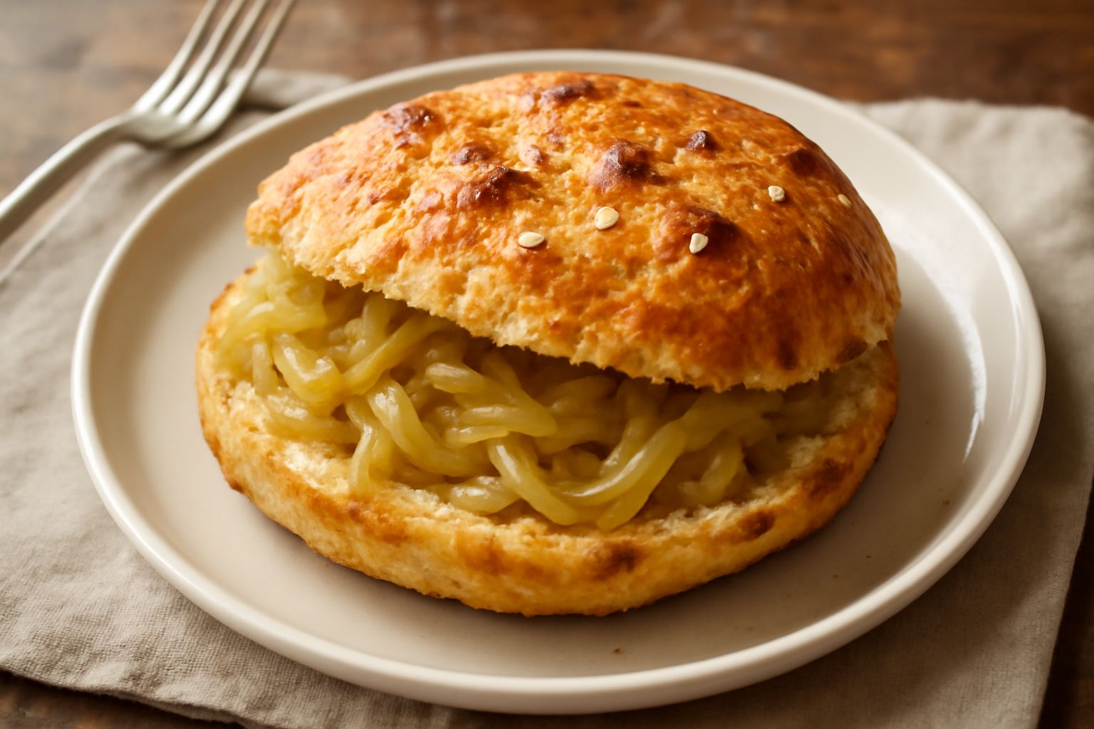 Puccia appena sfornata con crosta dorata e brillante, spezzata a metà per mostrare l'interno filante con cipolla caramellata morbida, poggiata su carta pergamena con gocce di olio visibili