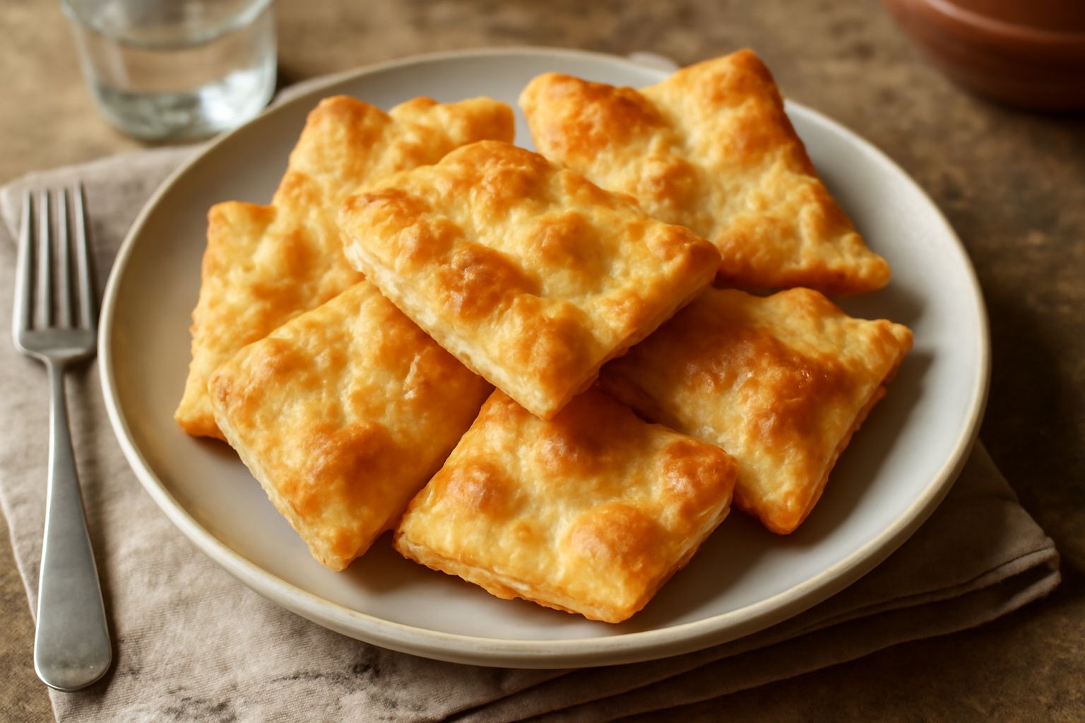 Pucce fritte dorate e croccanti disposte su un piatto bianco, con superficie bubbolata caratteristica, fumanti, condite con sale grosso